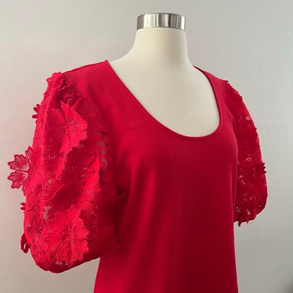 Anthropologie Dolan Puff Sleeve Top Ribbed Lace Floral Appliqué Red Large NWOT - Picture 5 of 10